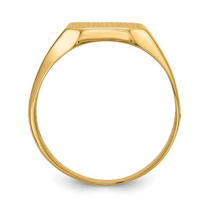 Top down view of gold nugget signet ring showing the band shape and polished inside
