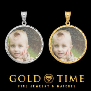 Sterling silver and gold plated round photo pendants with a child's photo and diamond-cut frames, on a black Gold Time background