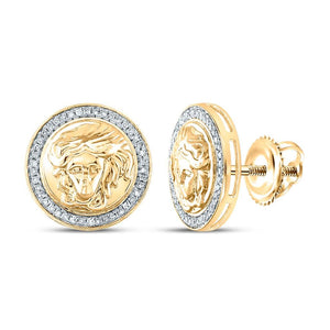 Pair of 10K gold Medusa stud earrings with diamond halos and screw backs