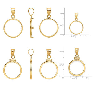 Polished and diamond-cut screw-top 14k gold coin bezels shown from front, side, and with size scale