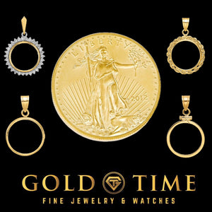 1/10 oz American Eagle gold coin with 14k gold bezel options: diamond edge, rope edge, polished, and screw top