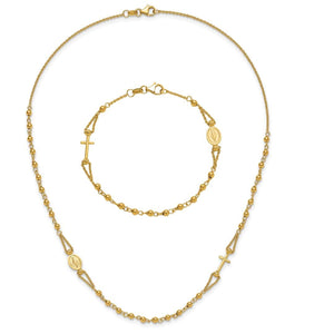 14K gold rosary necklace and matching bracelet laid flat