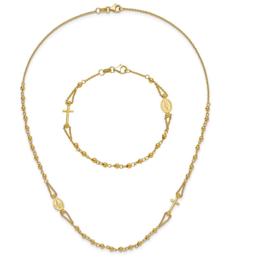 14K Yellow Gold Rosary Necklace Bracelet Set: Diamond-Cut Beaded Cross & Virgin Mary