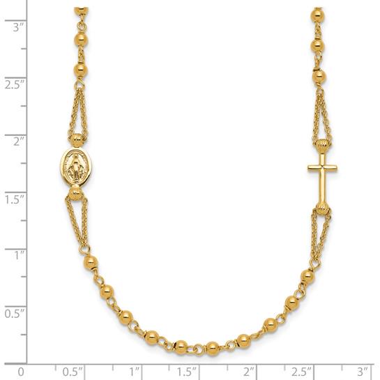 14K Yellow Gold Rosary Necklace Bracelet Set: Diamond-Cut Beaded Cross & Virgin Mary