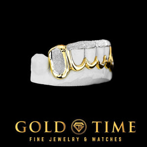 Front view of the two tone diamond dust 6 piece grillz seated on a dental model