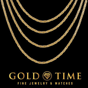 10K yellow gold Byzantine chains in four lengths layered on a black background