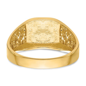 Underside of the gold signet ring showing the textured back of the signet top and polished band