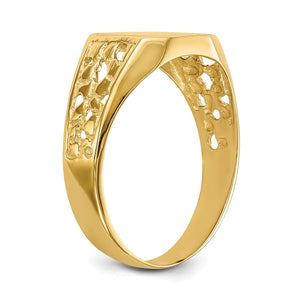 Angled side view of gold nugget signet ring showing the tapered band and pierced nugget sides