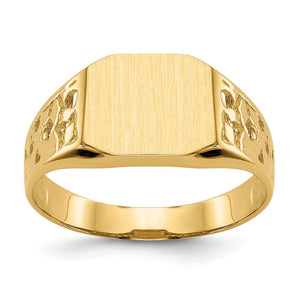 Front view of yellow gold signet ring with satin brushed engravable top and pierced nugget shoulders