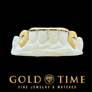Yellow gold 6 piece grillz with diamond dust heart cut-out canines and a solid tip bar