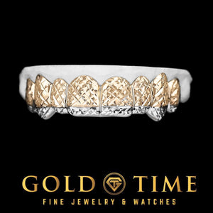 Custom 8 piece two-tone trillion cut grillz with canine fangs and white tips