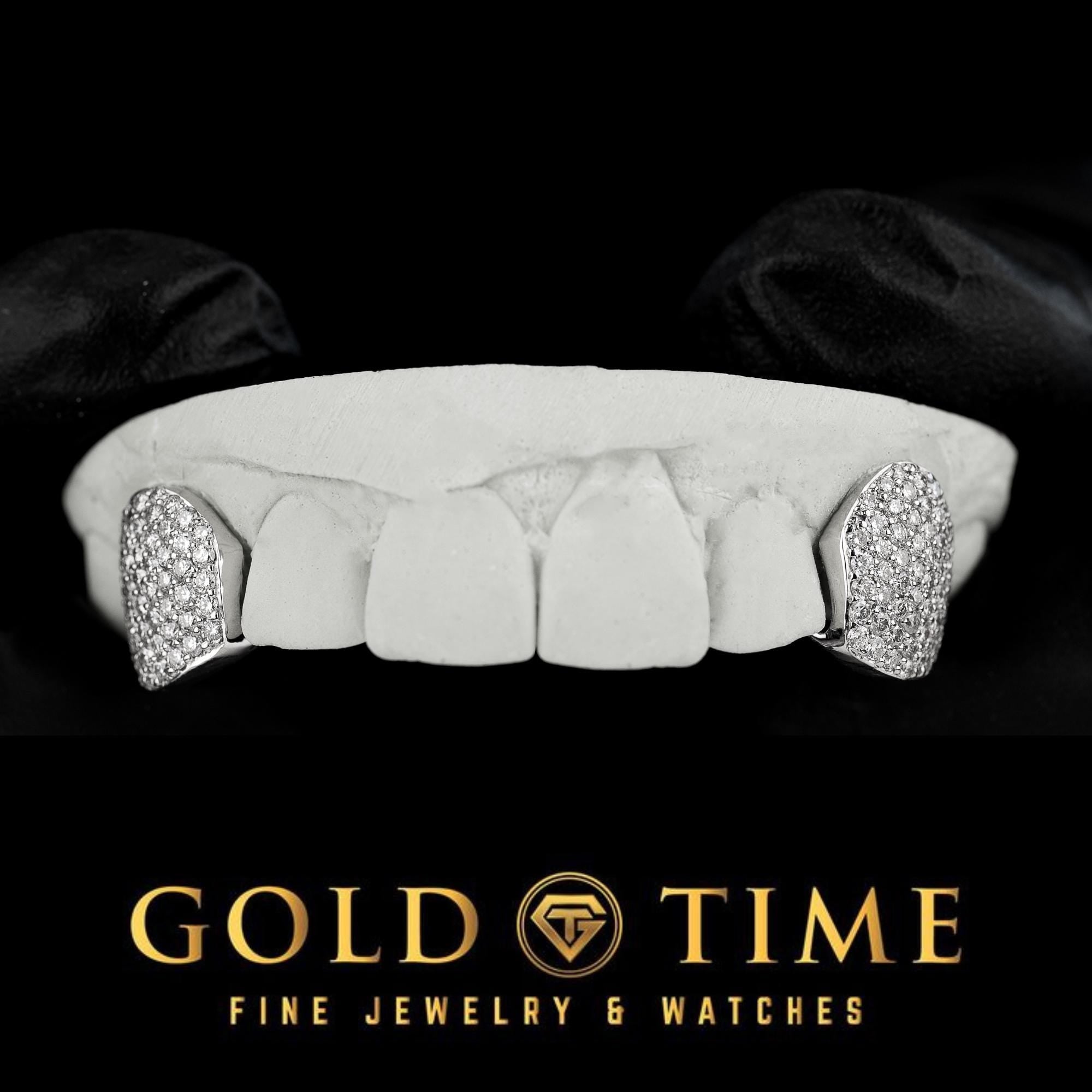 Custom Honeycomb Iced Out Moissanite Fang Grillz  2 Piece in Silver or Gold  Made to Order Grillz with Impression Kit