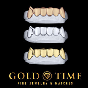 6 piece solid grillz with pointed canine fangs shown in rose gold, white gold, and yellow gold on dental molds