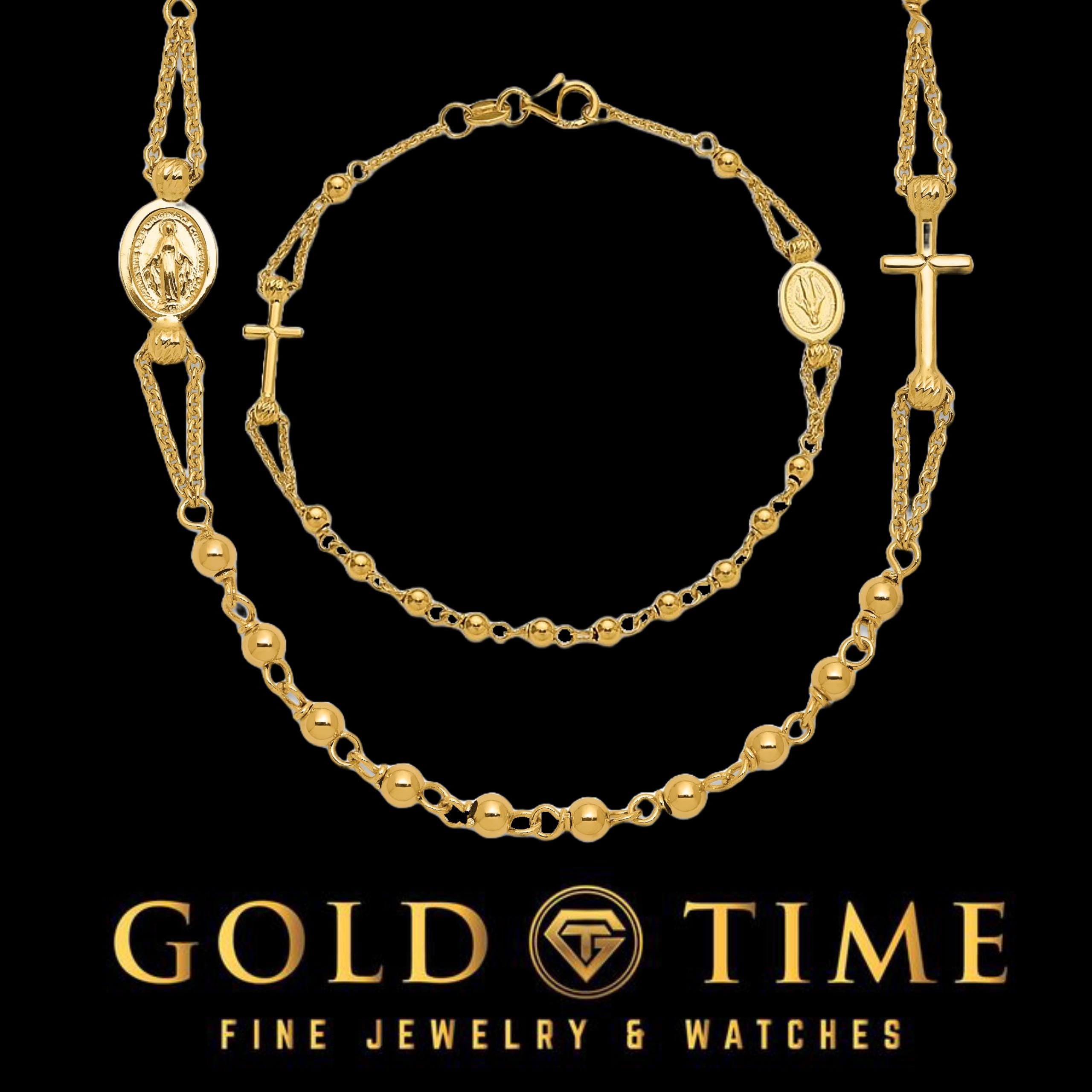 14K Yellow Gold Rosary Necklace Bracelet Set: Diamond-Cut Beaded Cross & Virgin Mary