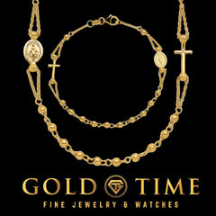 14K Yellow Gold Rosary Necklace Bracelet Set: Diamond-Cut Beaded Cross & Virgin Mary