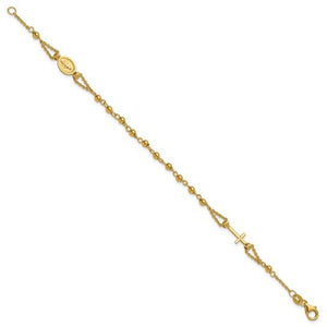 14K gold rosary bracelet with Virgin Mary medal and cross laid flat