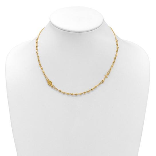 14K Yellow Gold Rosary Necklace Bracelet Set: Diamond-Cut Beaded Cross & Virgin Mary
