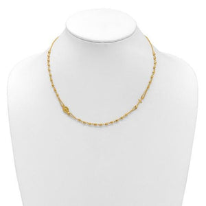 14K gold rosary necklace displayed on a white neck form