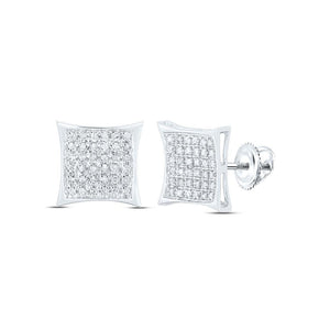 10K white gold kite square micro pave diamond stud earrings, front and side
