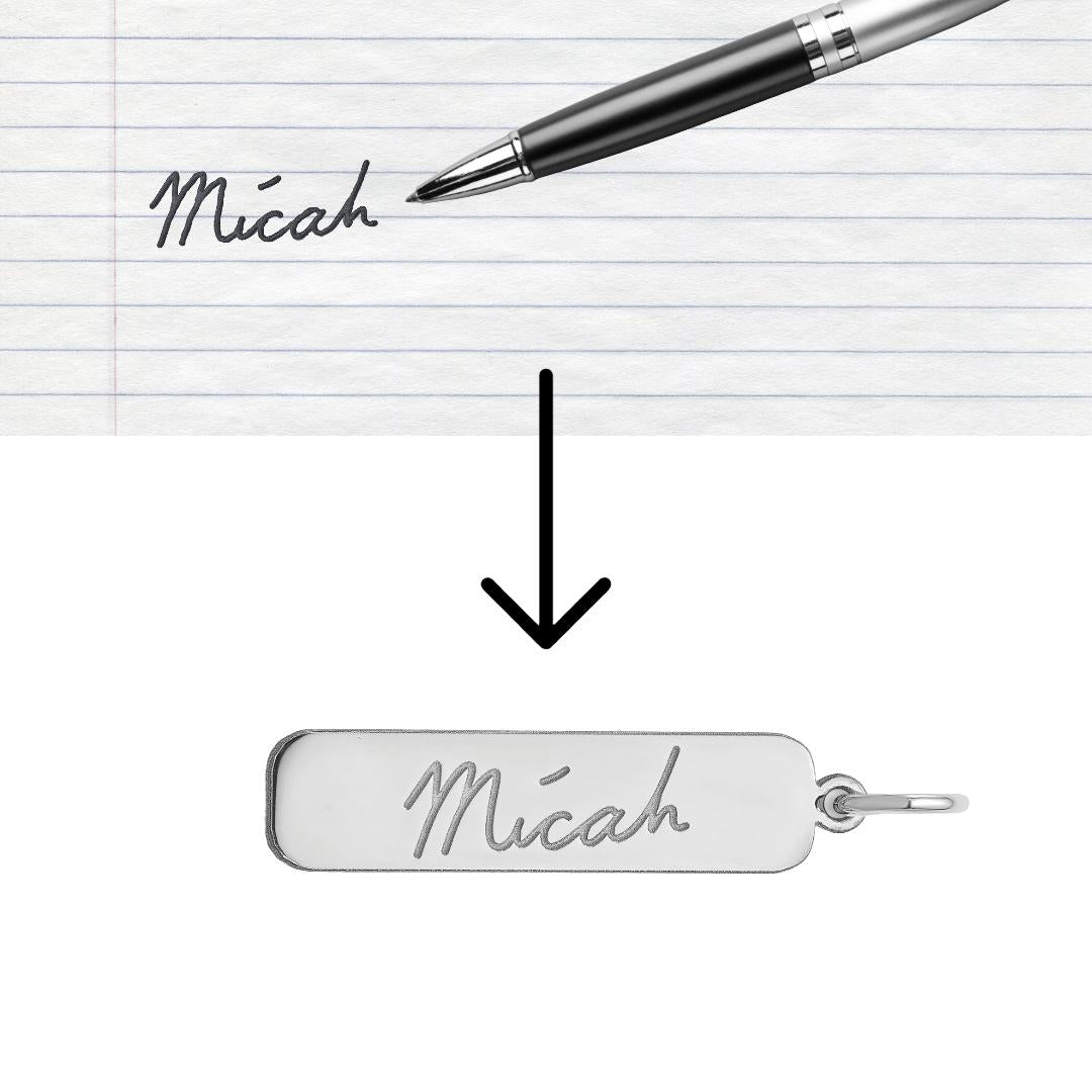 Custom Handwriting Bar Pendant Necklace: Engraved Signature Charm, Sterling Silver or Gold