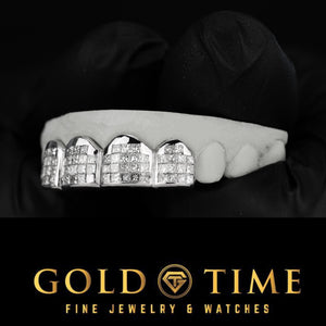 Front view of the invisible set four piece moissanite grillz showing the continuous stone surface