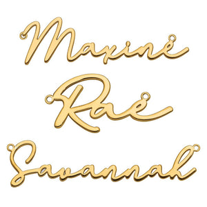 Yellow gold script name necklace nameplate samples in a flowing cursive font