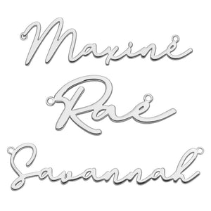 Sterling silver script name necklace nameplate samples in a flowing cursive font
