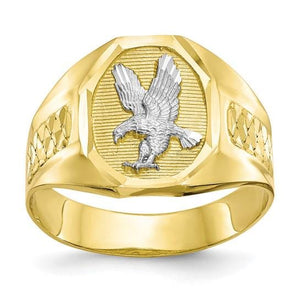 Front view of the two-tone gold eagle ring showing the detailed white eagle and diamond-cut side panels