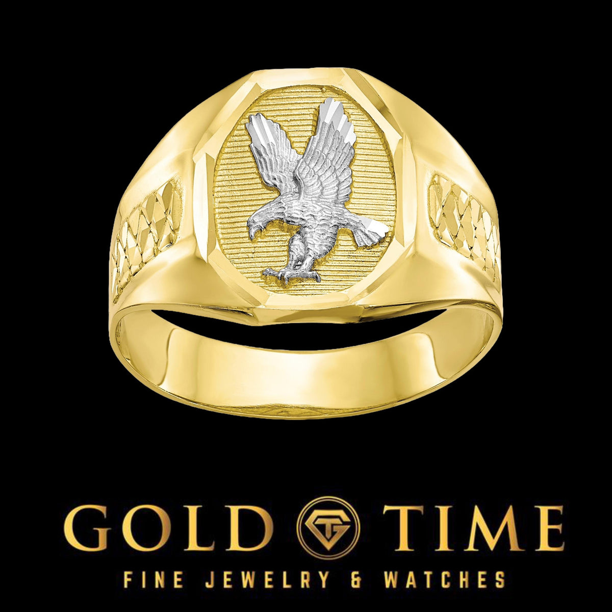 10K Yellow Gold Mens Eagle Ring with Rhodium Accents, Tapered Band  Made in USA, Bold Patriotic