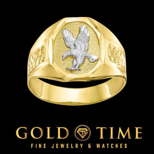 Men's two-tone gold eagle ring with a white rhodium eagle on a textured yellow gold oval face and diamond-cut shoulders, Gold Time