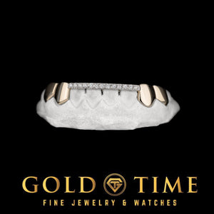 8 piece yellow gold grill with solid canines and bicuspids connected by a moissanite incisor tip bar