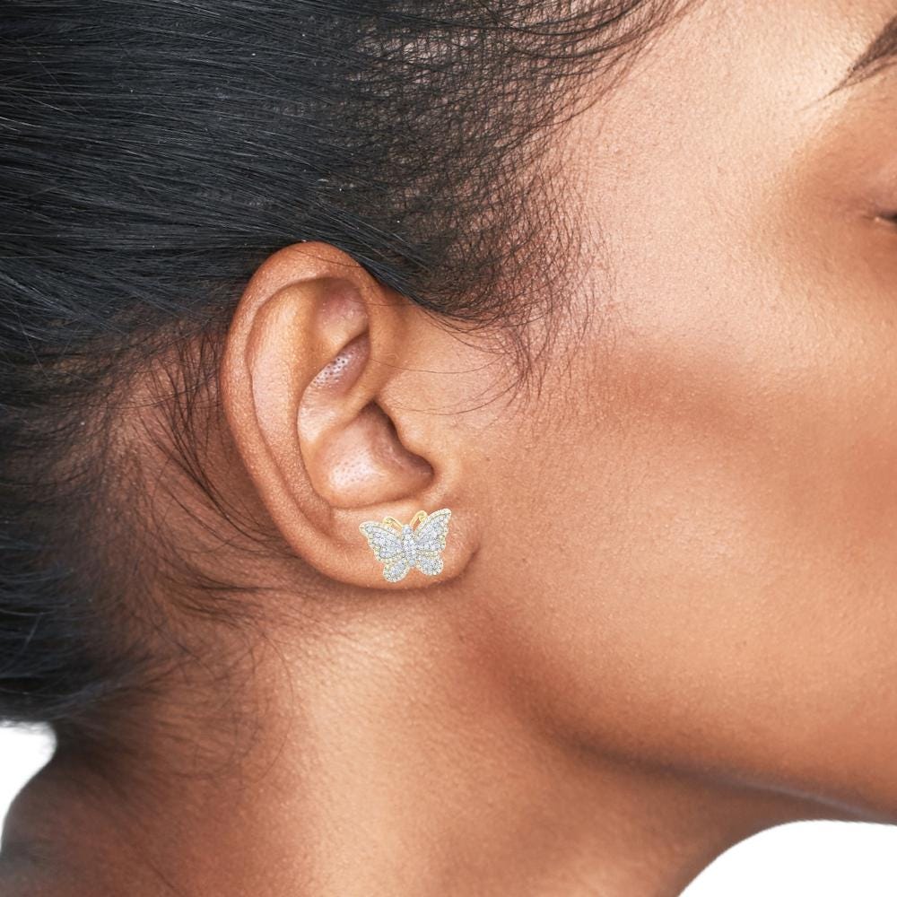 10K Gold Diamond Butterfly Stud Earrings  5/8 CTW Prong-Set Natural Diamonds in Yellow, White, or Rose Gold  12mm x 17mm Screw Backs