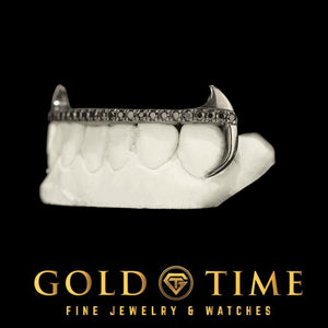 Custom black hook fang grillz with black CZ tips, angled view