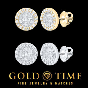 Diamond halo stud earrings in 10K yellow and white gold with round natural diamond centers and screw backs