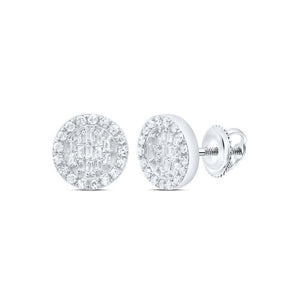 Pair of 10K white gold diamond halo stud earrings with screw backs