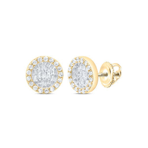 Pair of 10K yellow gold diamond halo stud earrings with screw backs