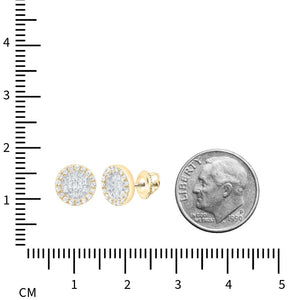 Yellow gold diamond halo studs on a ruler next to a dime, about 9mm across