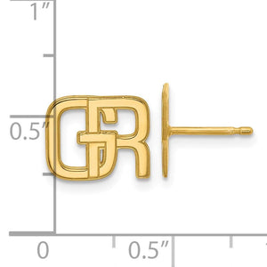 Size chart showing a yellow gold interlocking initial stud beside a ruler, about a third of an inch