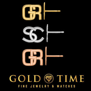 Three pairs of interlocking initial stud earrings in yellow gold, silver and rose gold on a black Gold Time card