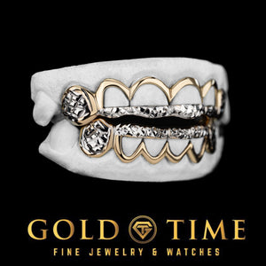 A larger custom top and bottom two tone set with diamond cut detail, more teeth than this six tooth listing