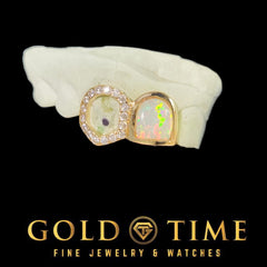 Custom Double Cap Grillz: Opal Incisor & Open Face Moissanite Fang, Silver/Gold