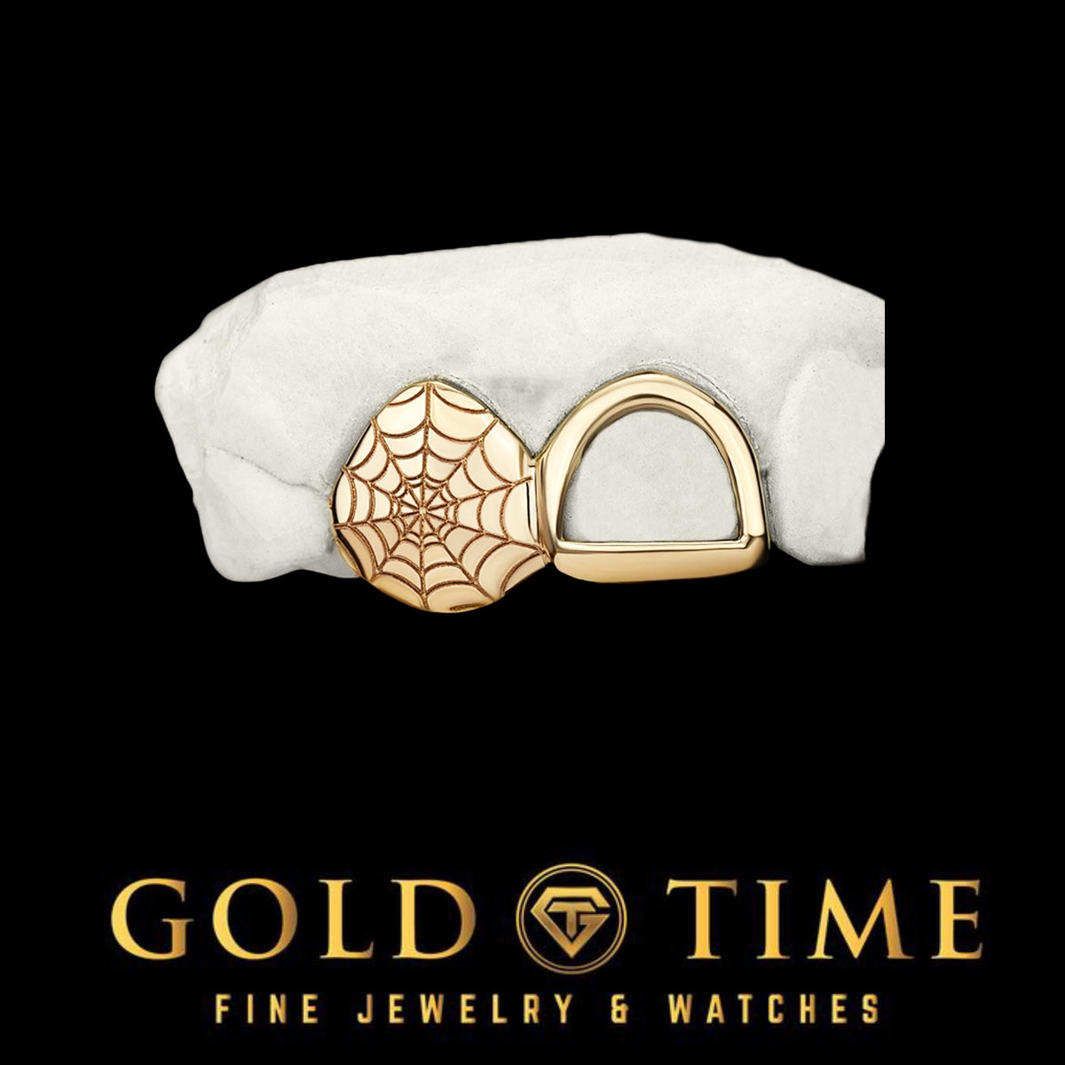 Custom Handmade Grillz Double Caps Spider Web Engraving with Open Face - 10k, 14k Gold or Silver - Yellow, White, Rose