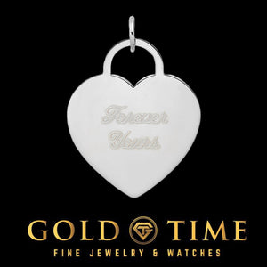 White gold heart disc charm engraved Forever Yours in script, on a black background with Gold Time branding