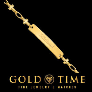 Gold plated cross link ID bracelet with an engraved name plate on a black background with Gold Time branding