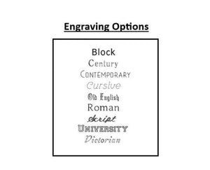 Engraving font options: Block, Century, Contemporary, Cursive, Old English, Roman, Script, University, Victorian