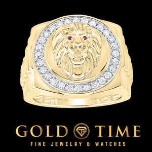 Men's 10k yellow gold lion head ring with a halo of natural diamonds and red ruby eyes