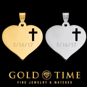 Gold plated and sterling silver heart pendants with a cross cutout and an engraved date, on a black background with Gold Time branding