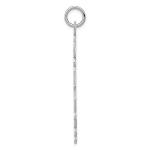 Silver vertical name plate charm hanging from a fine chain with a round bail