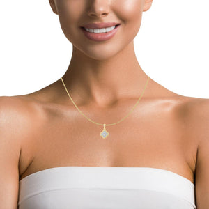 Woman wearing the 10K gold diamond clover pendant on a chain