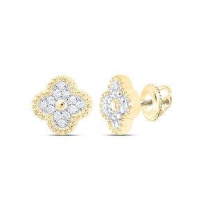 Pair of 10K gold diamond clover stud earrings with screw back posts